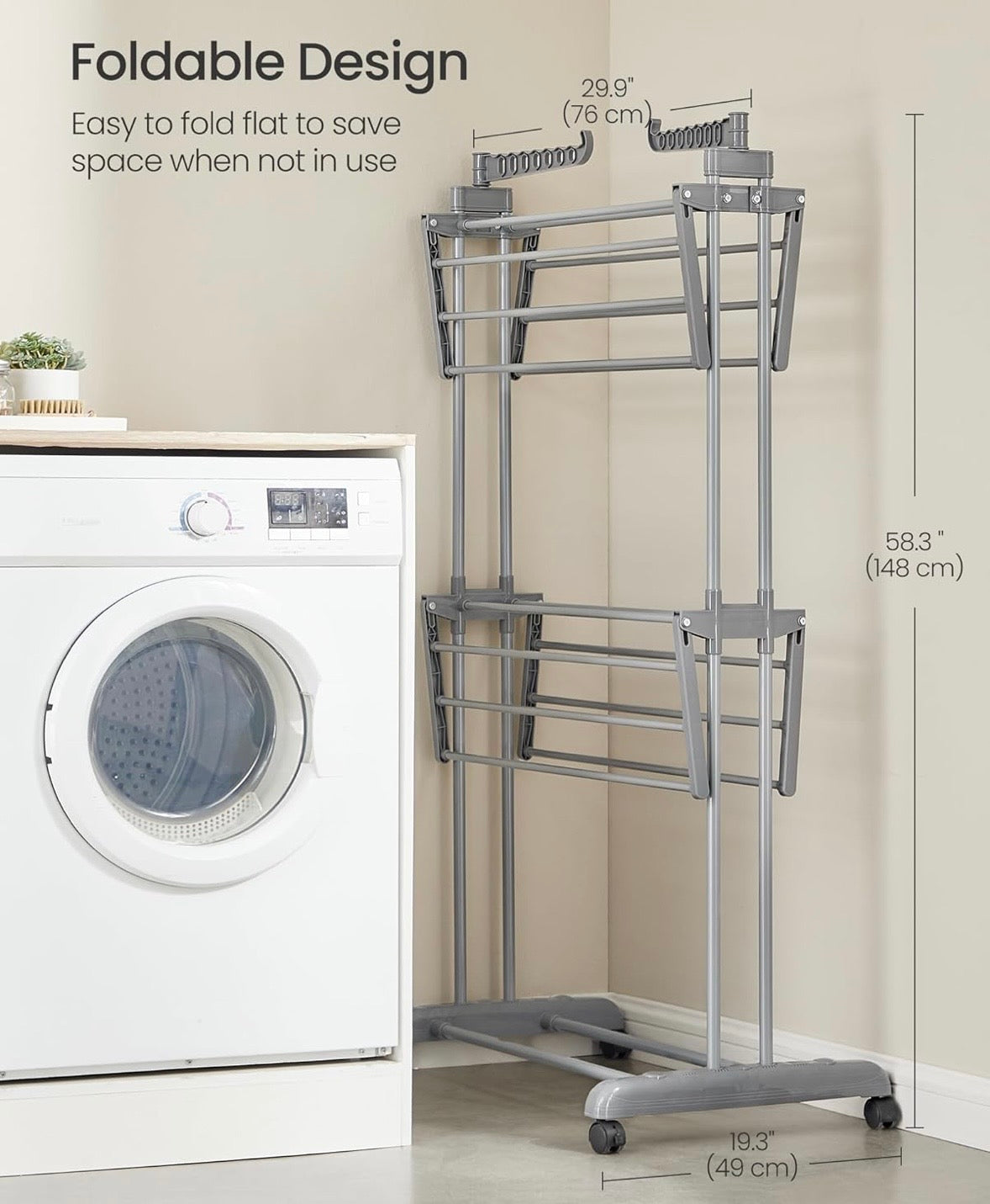 SONGMICS 3-Tier Clothes Drying Rack with Wheels – Dove Grey