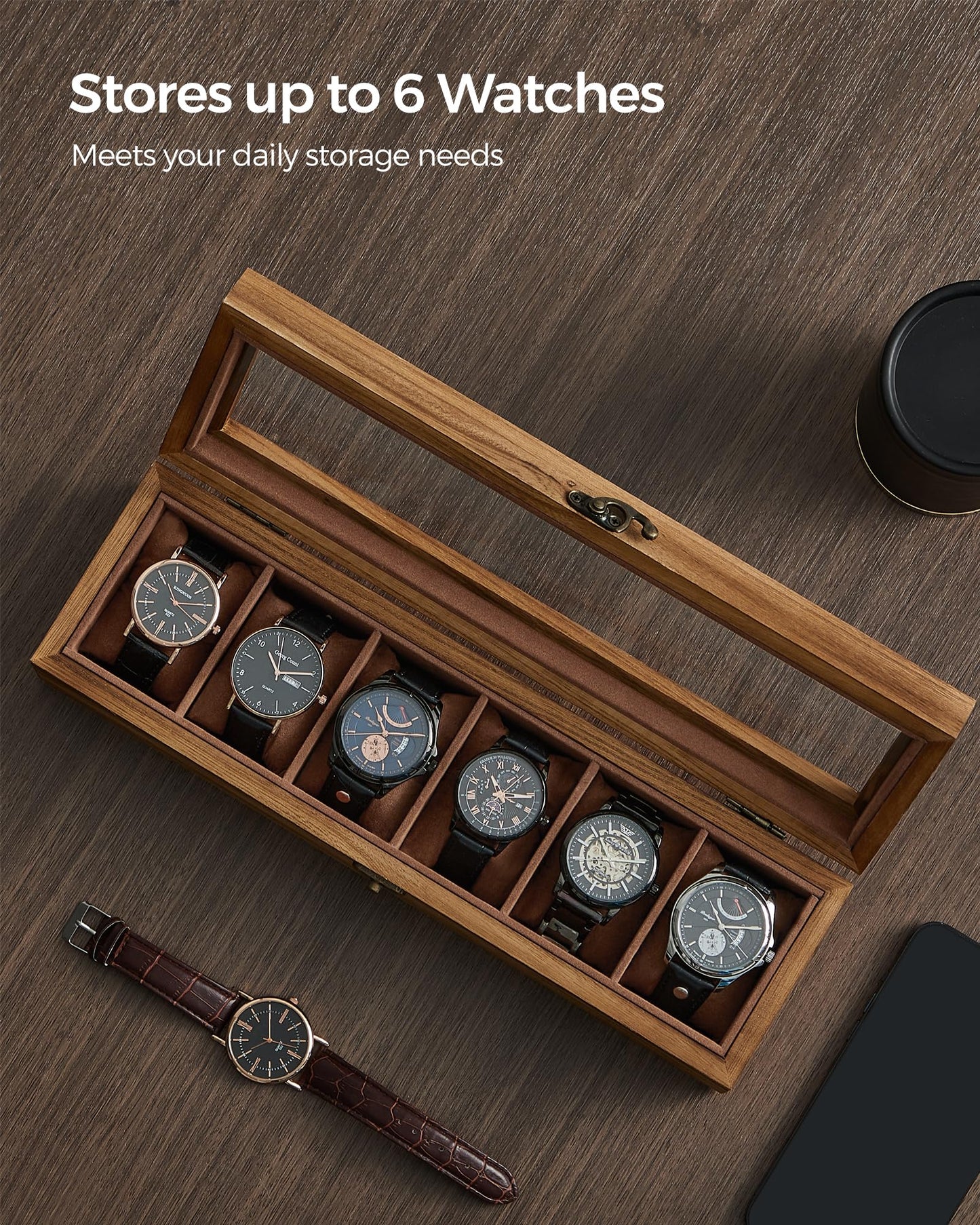 SONGMICS Rustic Walnut Watch Box – 6-Slot Display Case