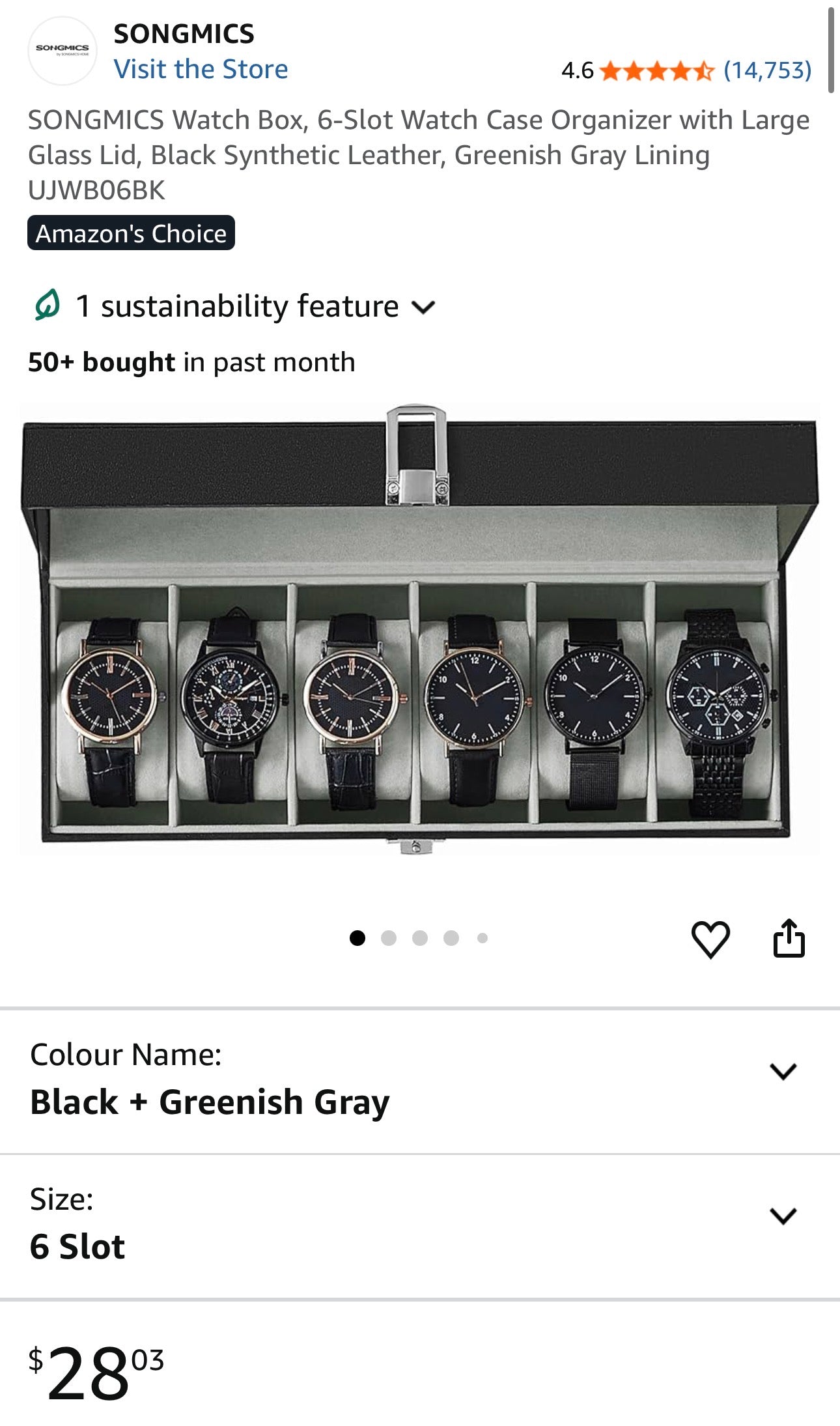 SONGMICS 6-Slot Watch Box with Glass Lid