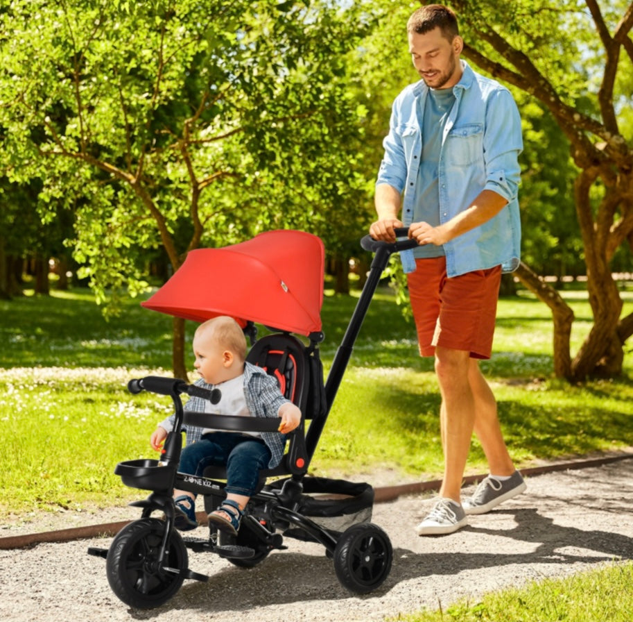 4-in-1 Kids Tricycle with Parent Handle, Adjustable Seat & Canopy – Reversible Seat, Storage Baskets & Safety Belt