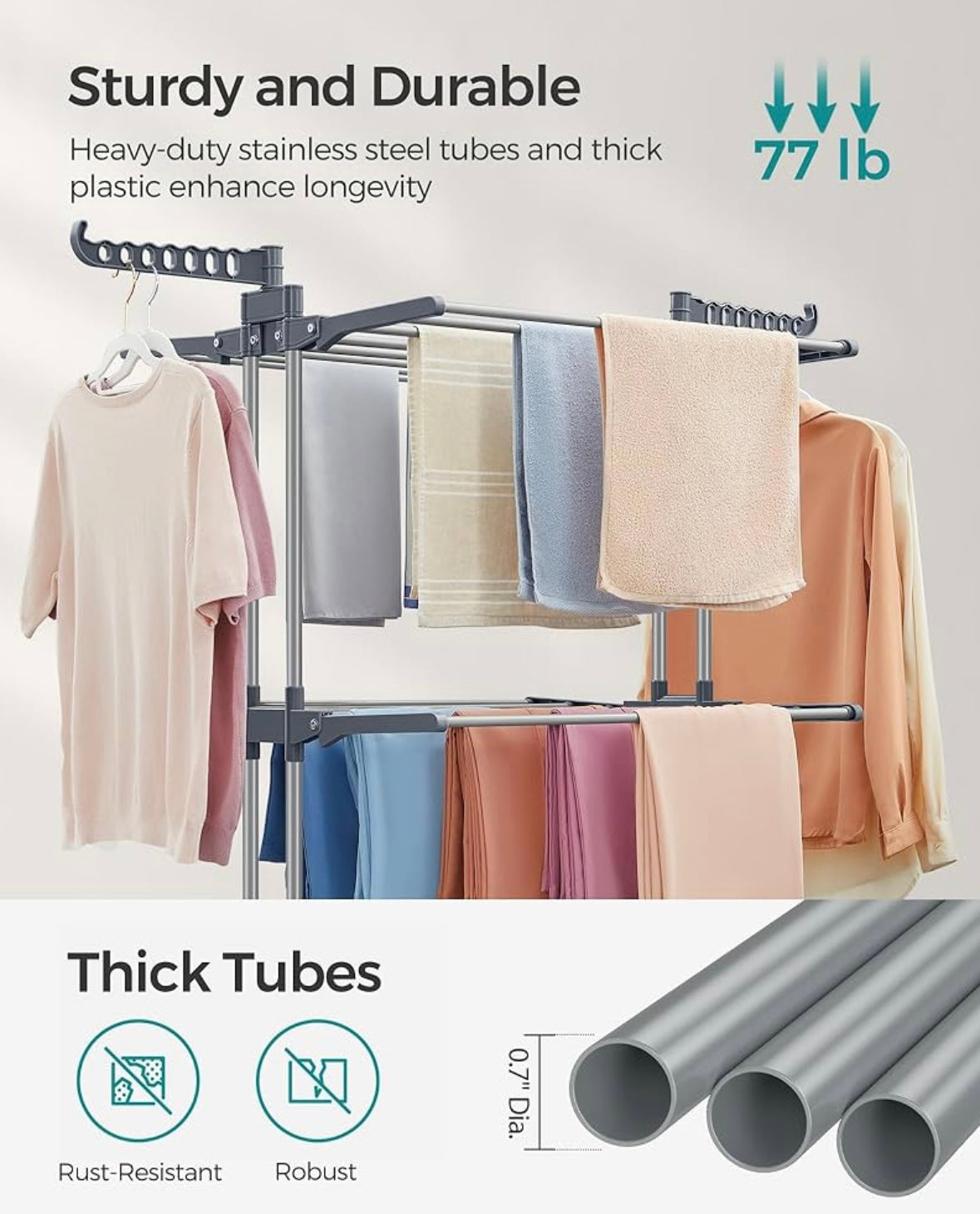 VASAGLE 4-Tier Foldable Clothes Drying Rack — Heavy-Duty Stainless Steel (Dove Grey)