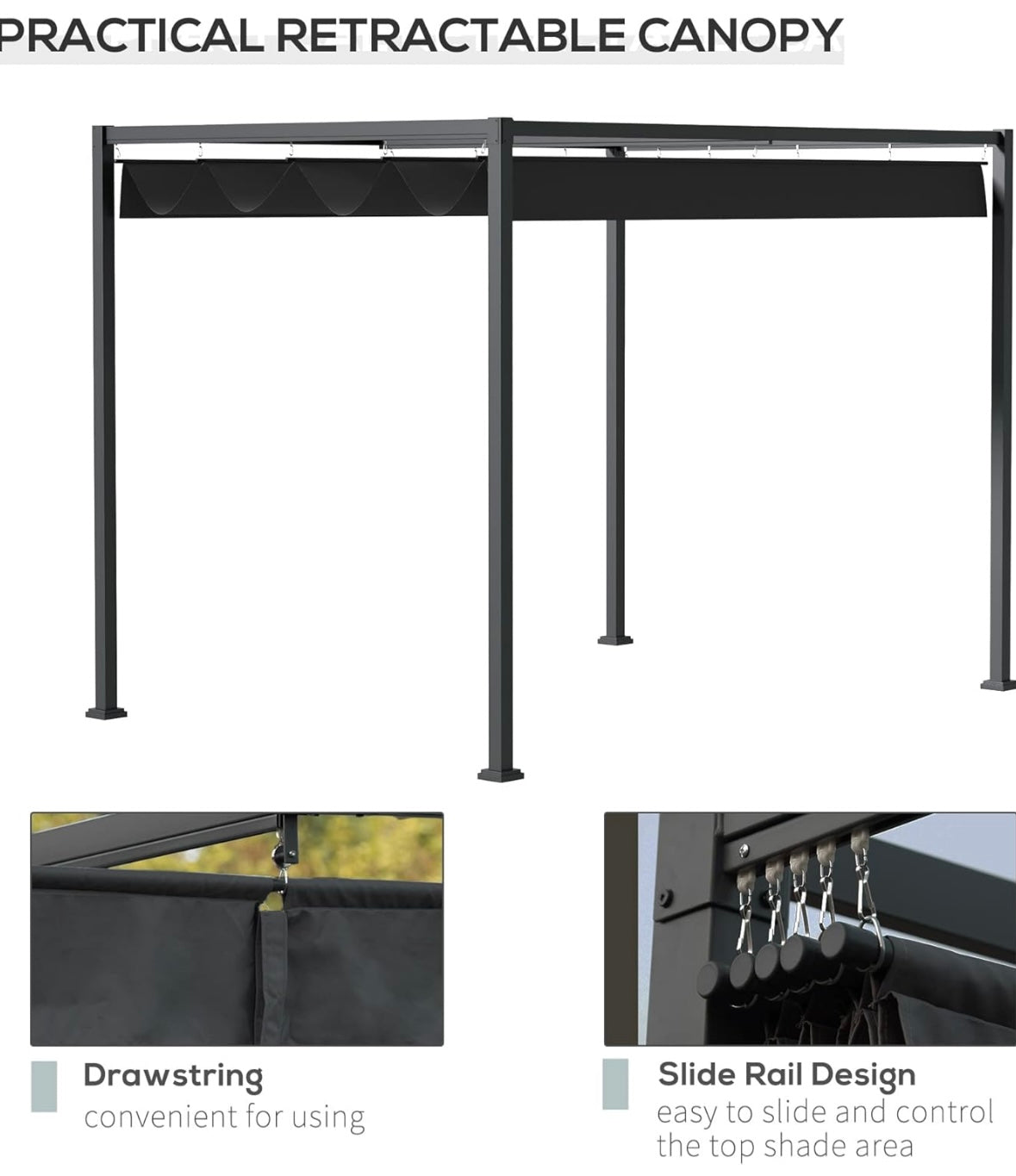 Outsunny 10×7 ft Retractable Pergola Gazebo — Heavy-Duty Metal Frame with Adjustable Canopy (Classic Grey)