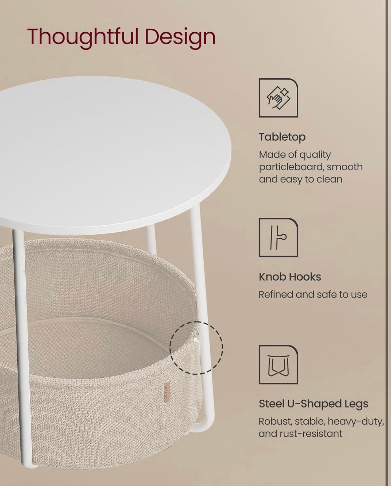 VASAGLE LILEA Round Side Table with Fabric Basket