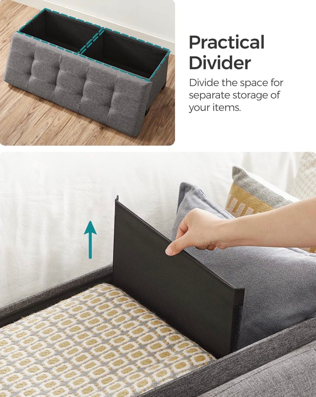 SONGMICS 43” Tufted Linen-Look Storage Ottoman Bench