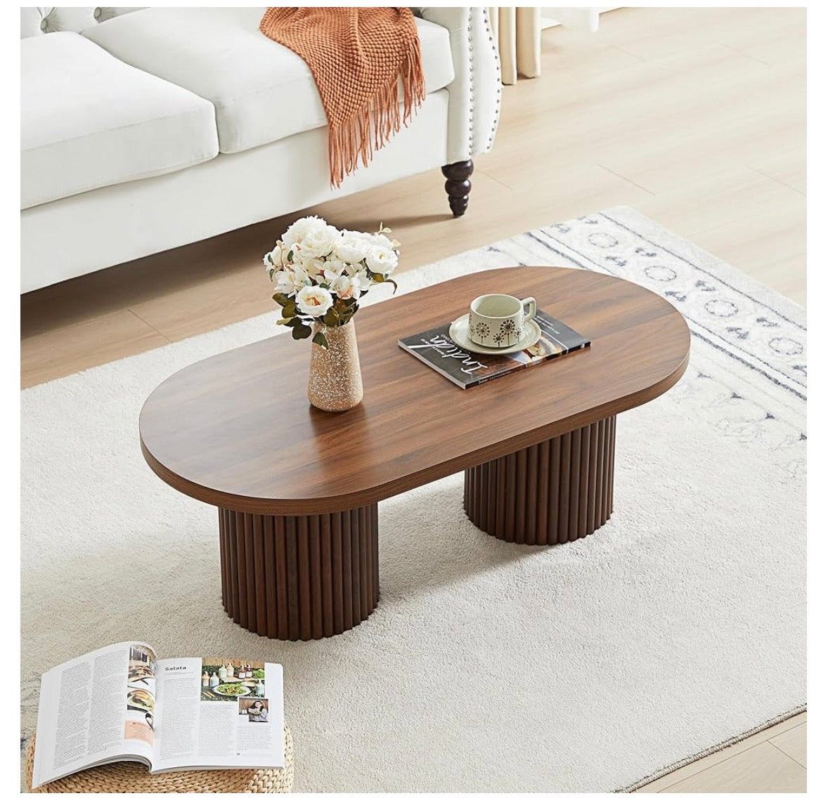 AVZEAR Fluted Oval Coffee Table – Walnut Finish