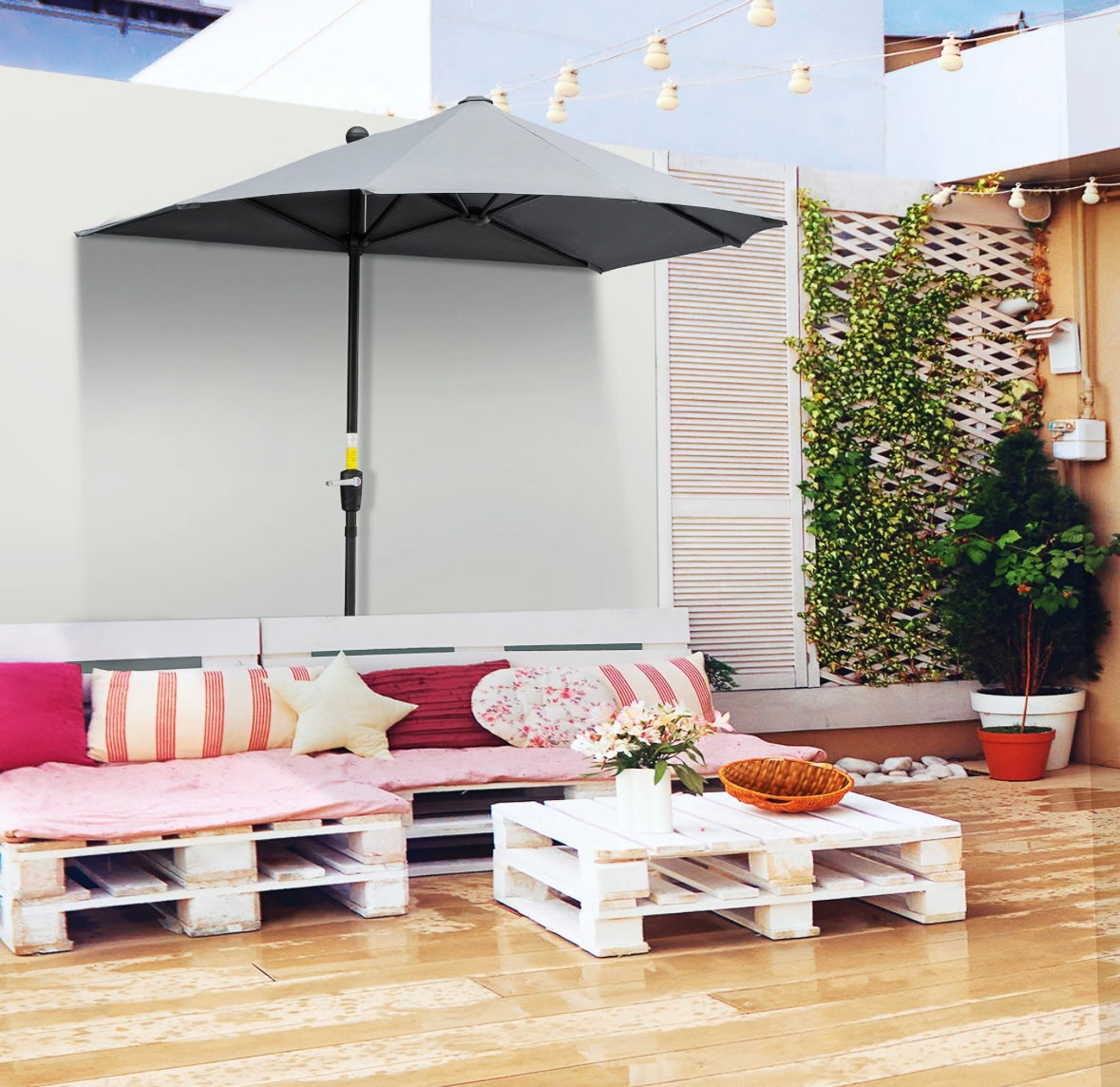 Outsunny Half Patio Umbrella — Wall-Mounted Design with Double-Sided Canopy & Crank Handle (Dark Grey)