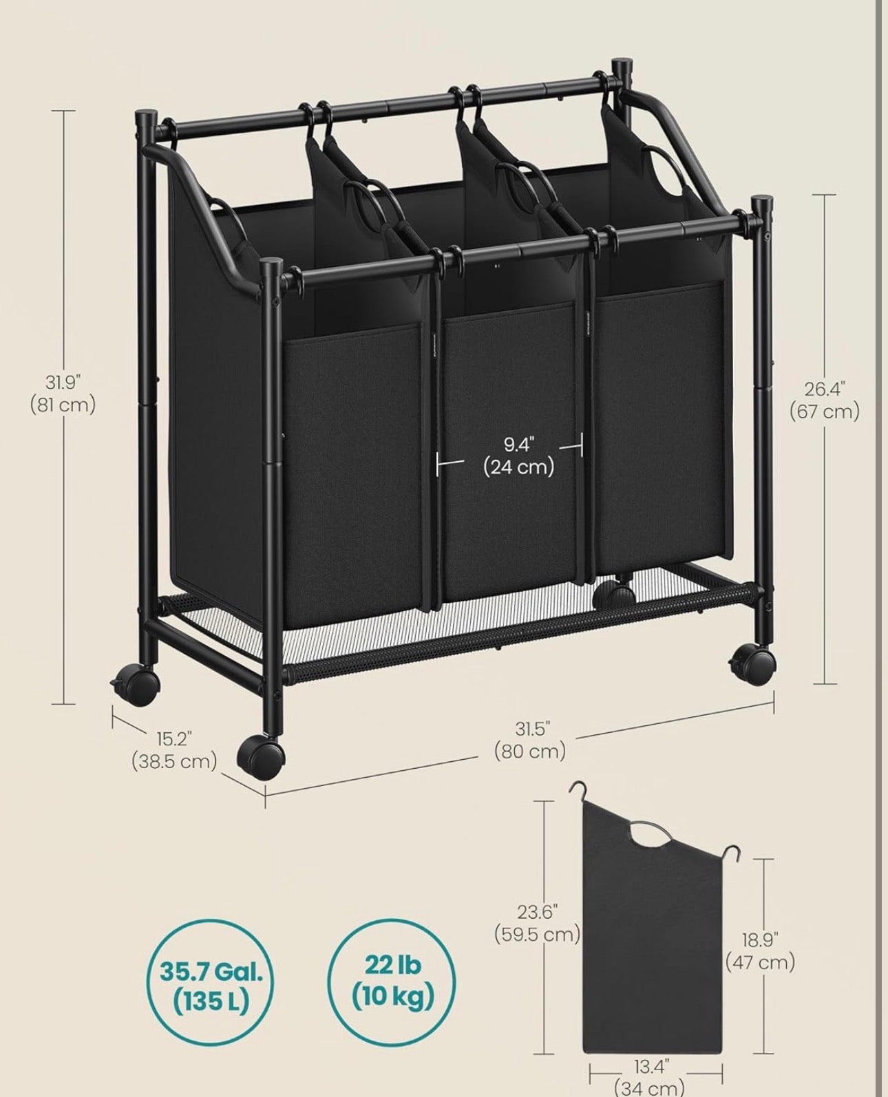 SONGMICS 3-Bag Rolling Laundry Sorter