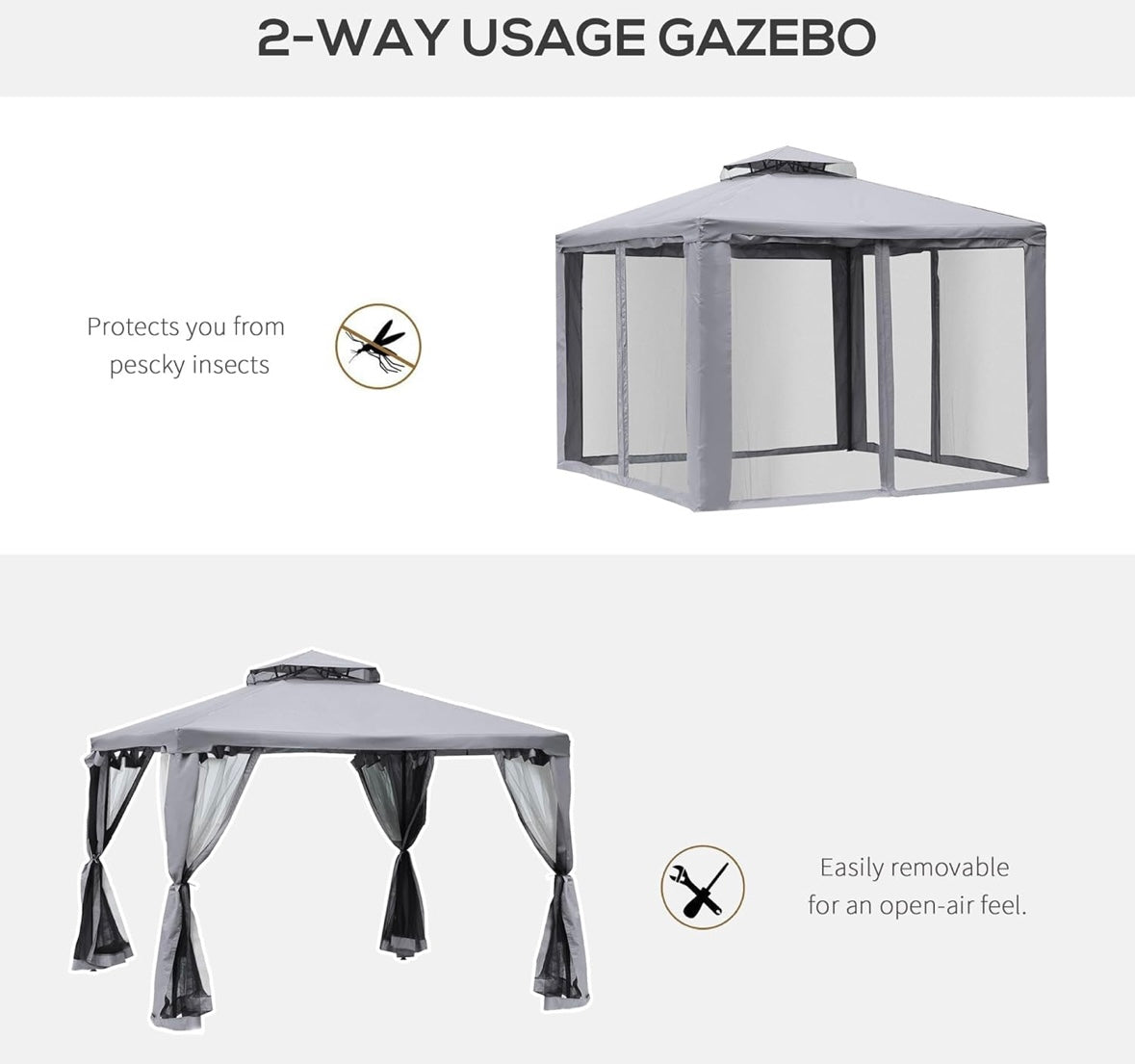 Outsunny 10×10 ft Outdoor Garden Gazebo — Steel Frame with Mosquito Netting, Curtains & Double-Tier Roof (Beige/Black)