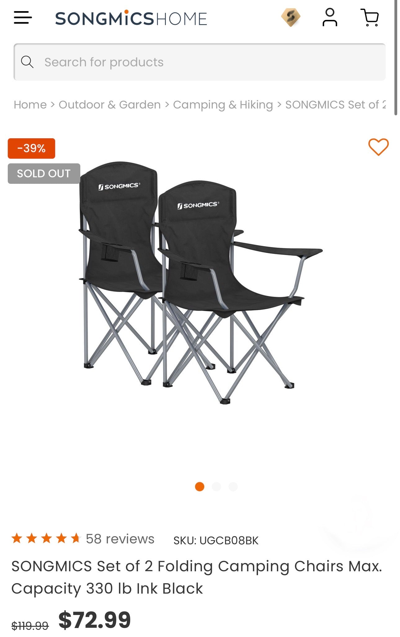 SONGMICS Set of 2 Folding Camping Chairs