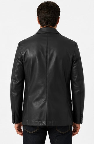 Men’s Classic Black Leather Blazer Jacket – Size 2XS