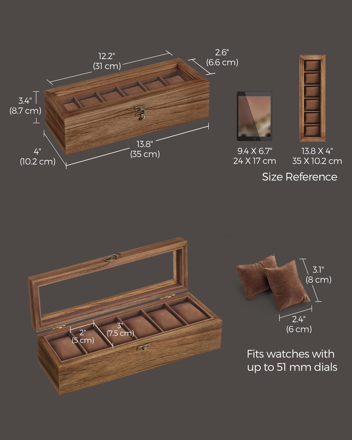 SONGMICS Rustic Walnut Watch Box – 6-Slot Display Case