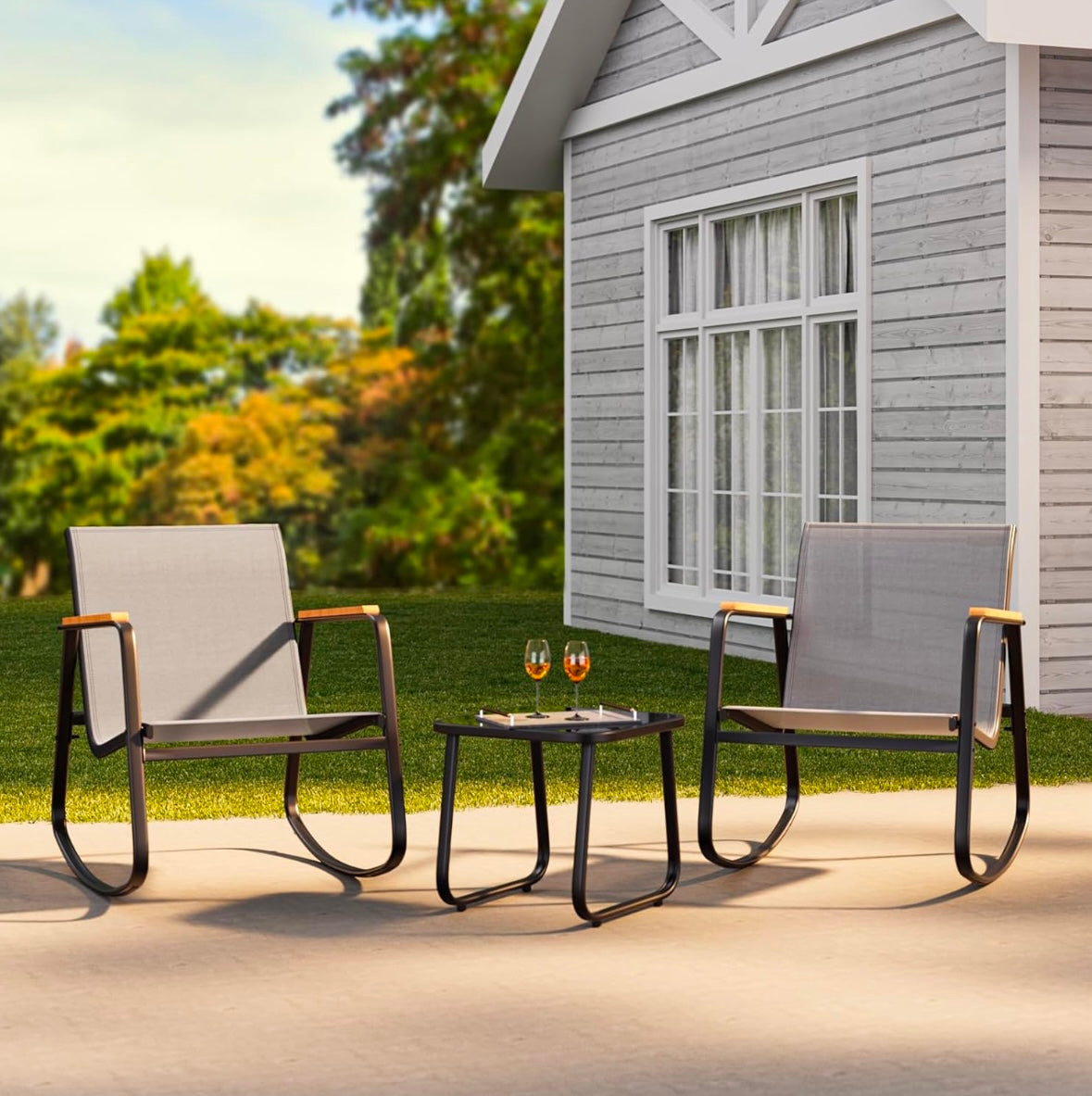 Modern Outdoor Rocking Bistro Set – Patio Conversation Set w/ Glass Table (Black)