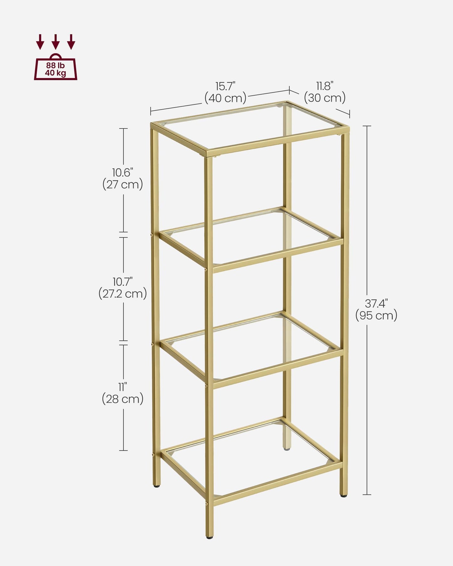 VASAGLE 4-Tier Glass Display Shelf – Pale Gold Frame