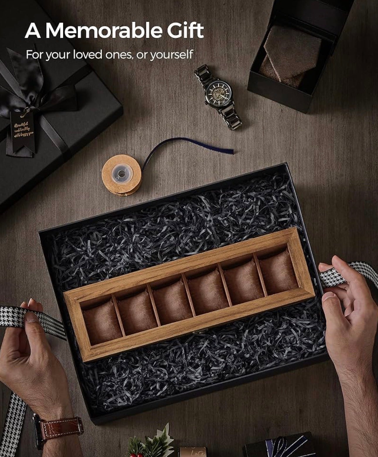 SONGMICS Rustic Walnut Watch Box – 6-Slot Display Case