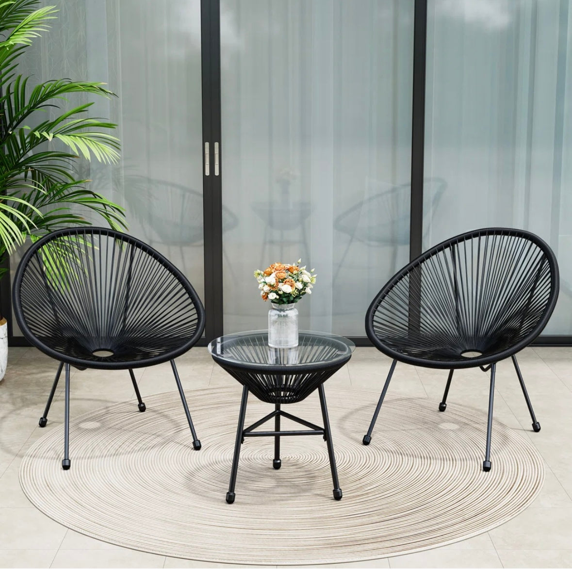 3-Piece Rattan Patio Bistro Set – Acapulco-Style Chairs with Glass Table (Black & Grey)