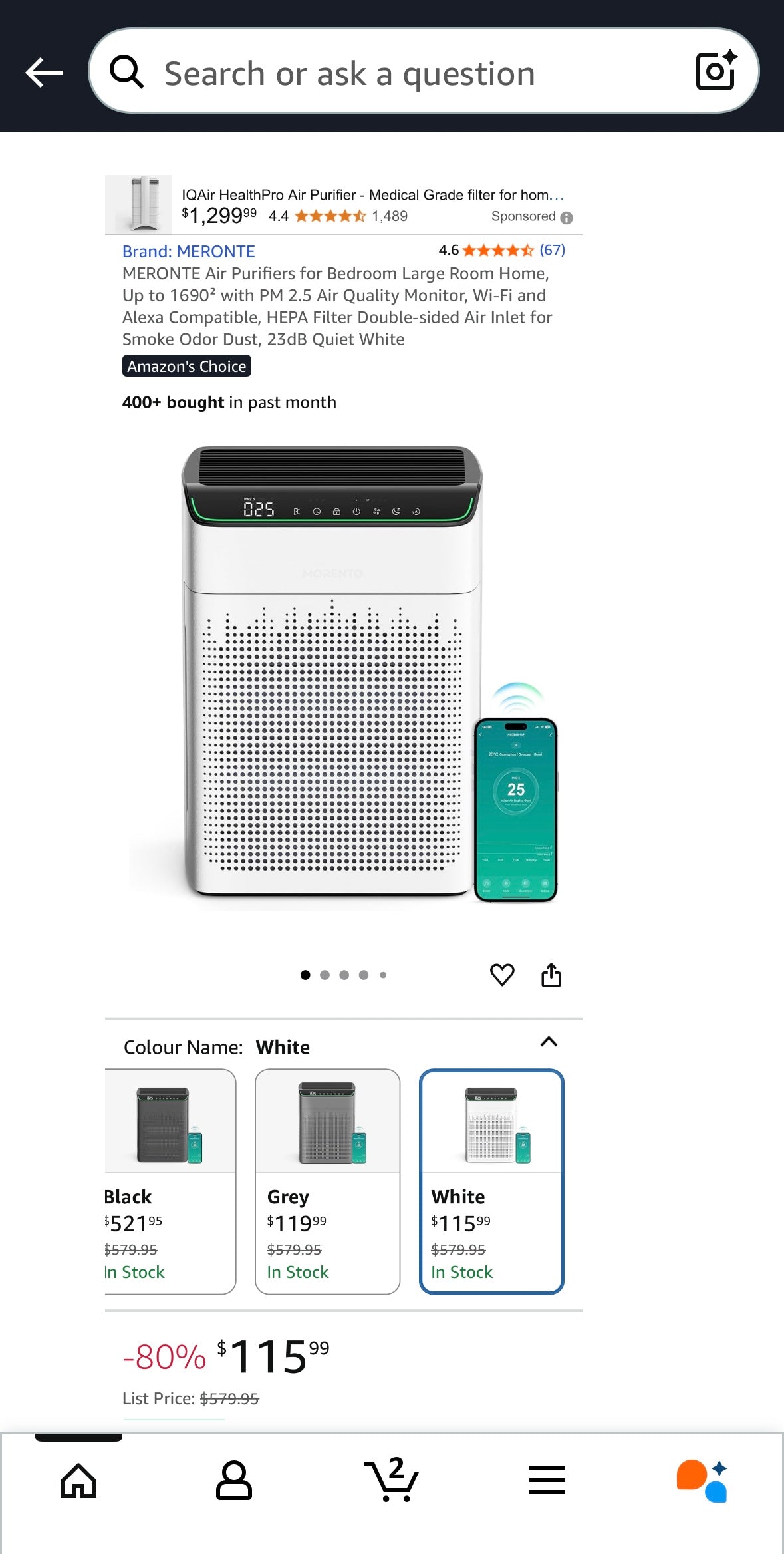 NEW – MERONTE Smart HEPA Air Purifier for Large Rooms (Up to 1690 sq. ft.) – App & Voice Control