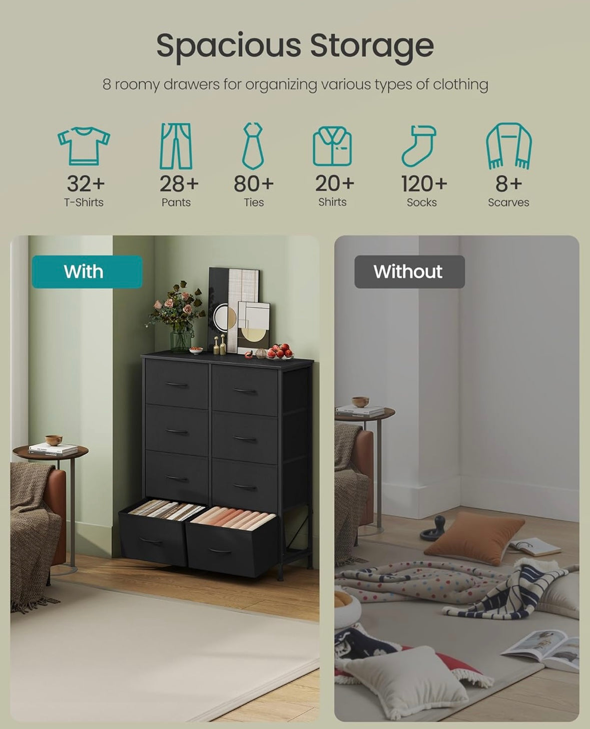 8-Drawer Fabric Dresser — Modern Storage Chest with Steel Frame (Gray)