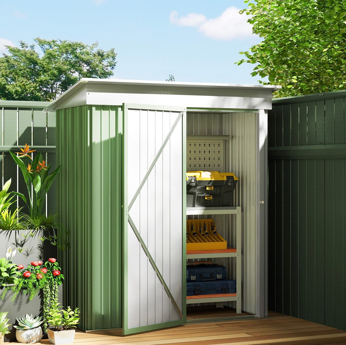 Outsunny Lean-To Steel Garden Storage Shed – Waterproof, Space-Saving, and Durable | Green