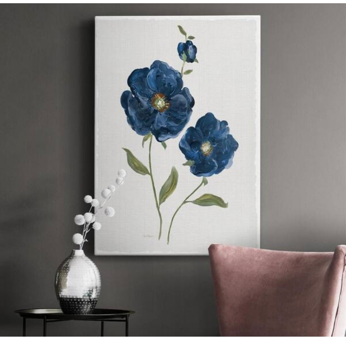 Blue Mums Floral Canvas Wall Art – Green Wood Frame (Set of 2)