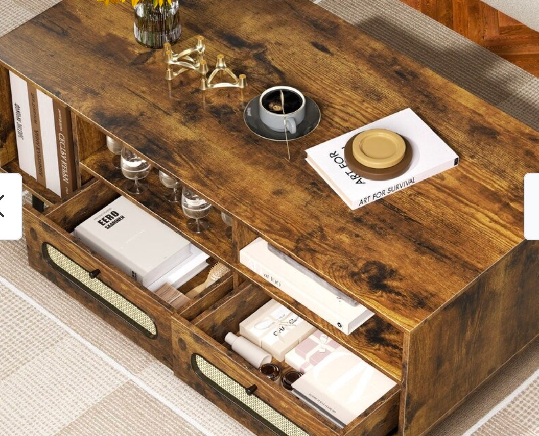 Mid-Century Modern Coffee Table w/ Storage Cabinets & Open Shelving