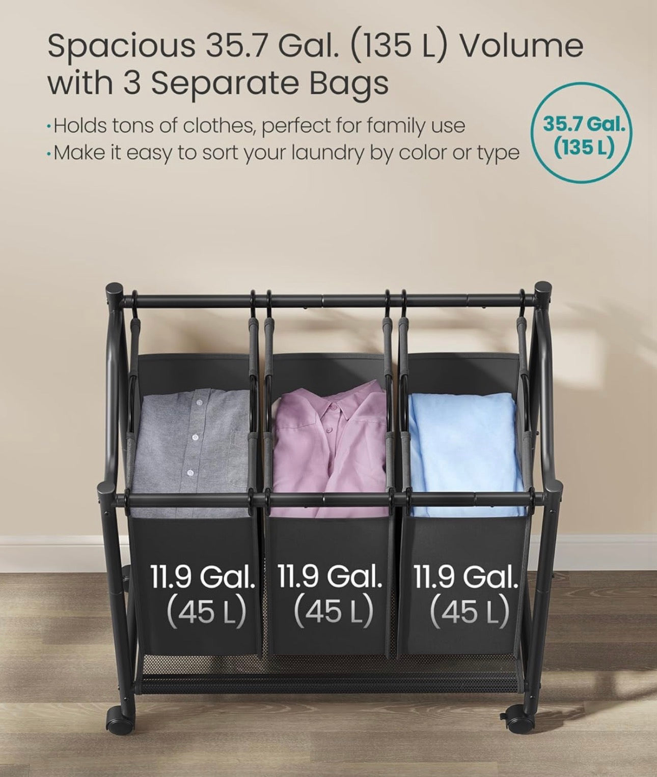 SONGMICS 3-Bag Rolling Laundry Sorter