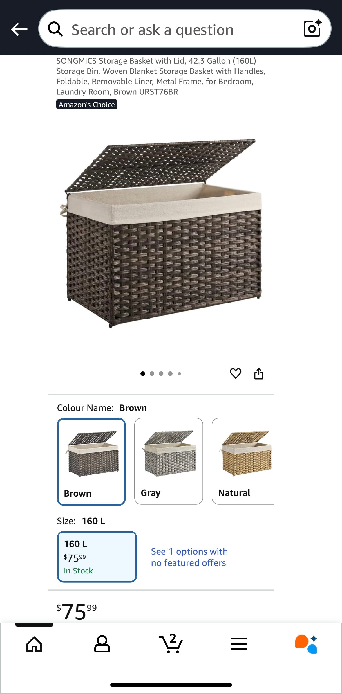 SONGMICS 160L Large Woven Laundry Basket with Lid – Foldable Rattan Storage Hamper (Brown)