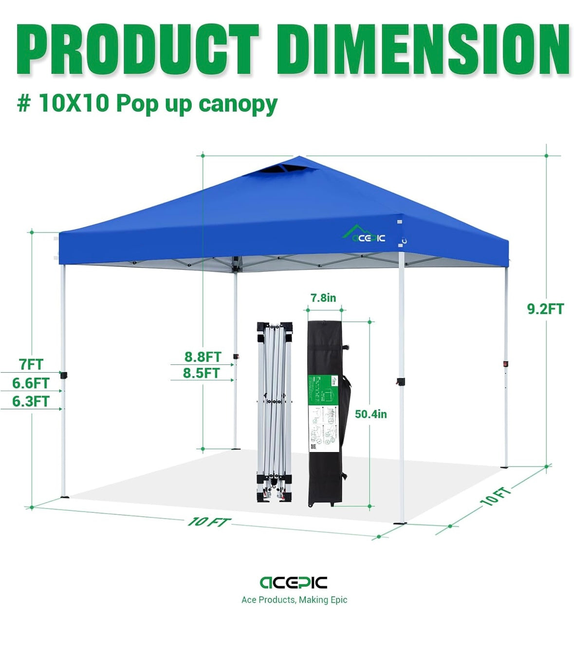 NEW – Acepic 10’ x 10’ Blue Pop-Up Canopy Tent with Carry Bag – Waterproof & UV Protection