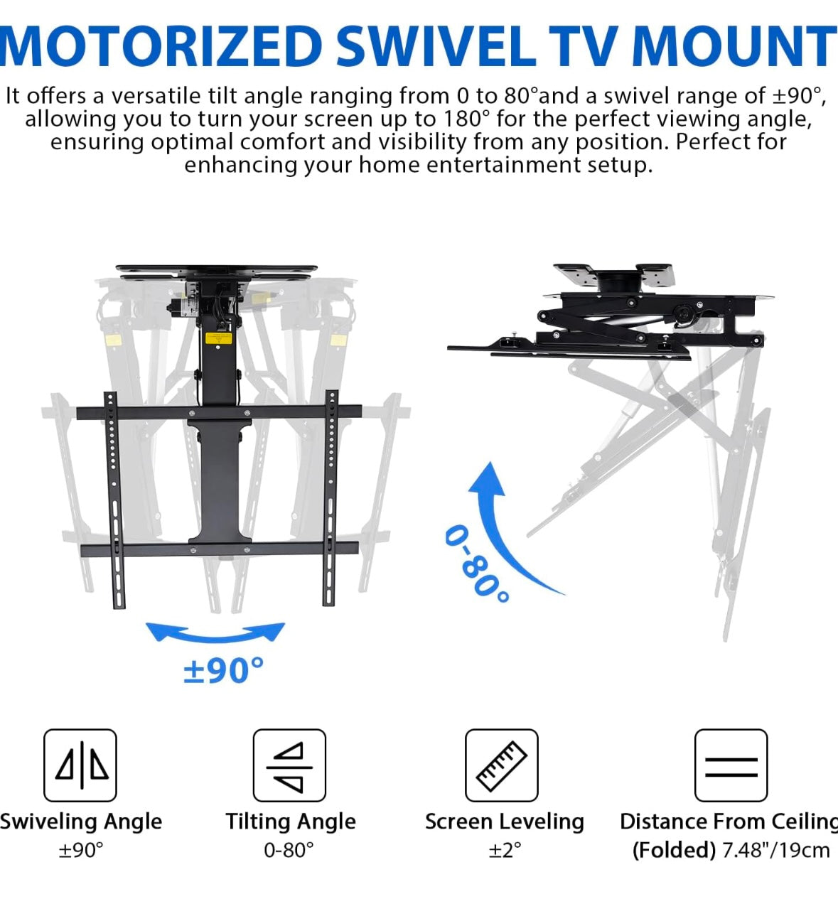 TOPSKY Motorized Ceiling TV Mount – Remote & App Controlled (32”–75”)