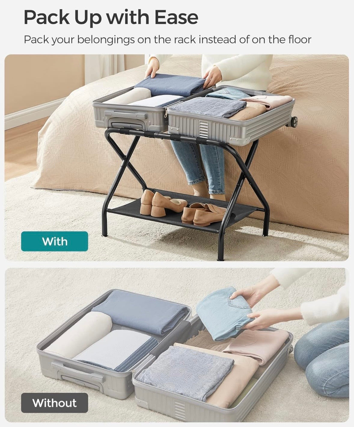 SONGMICS Folding Luggage Rack Set – 2 Pack w/ Bottom Shelf