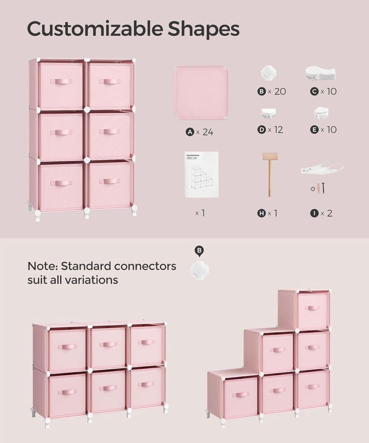 SONGMICS 6-Cube Storage Organizer w/ Fabric Bins – Jelly Pink