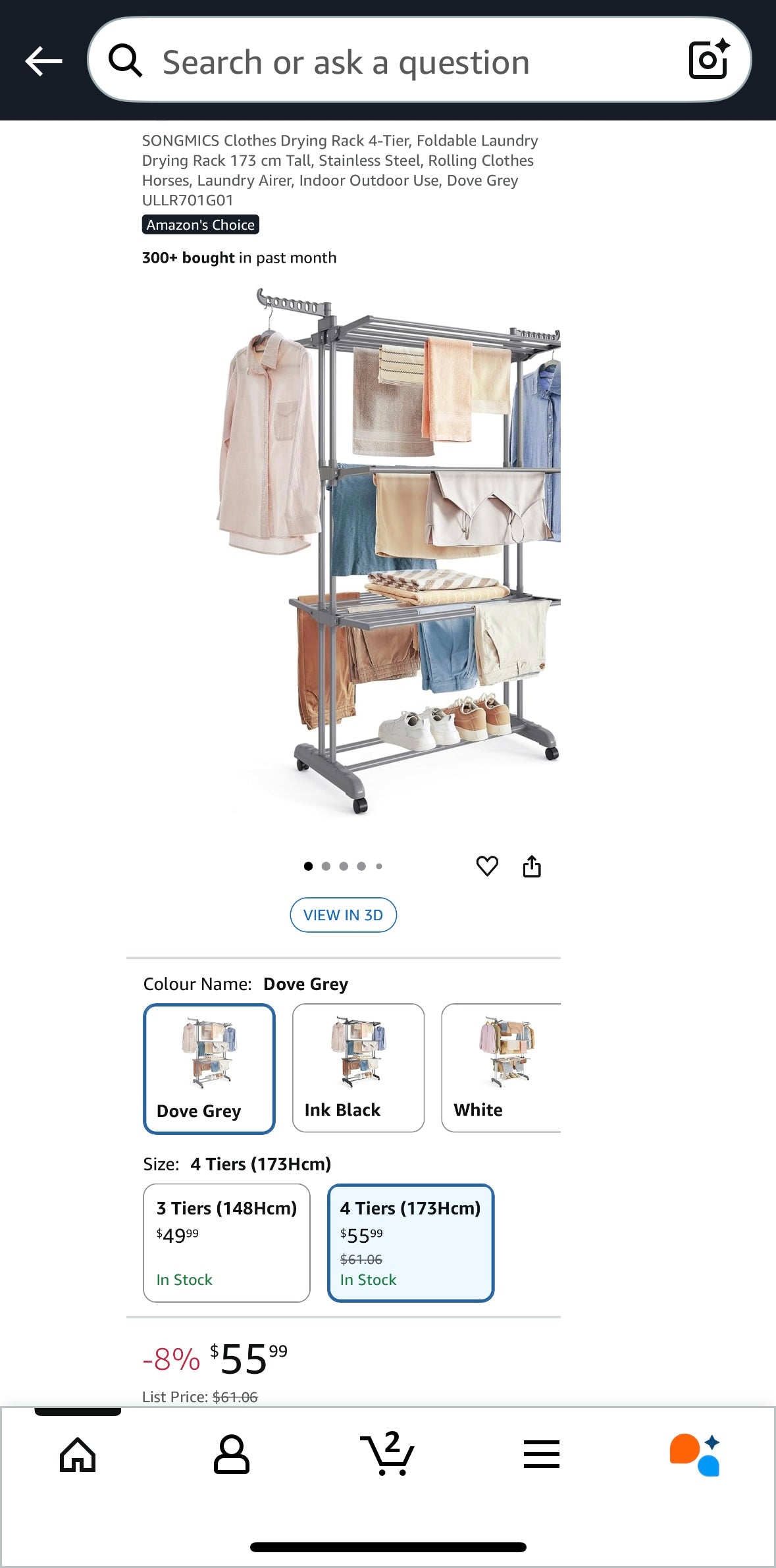 VASAGLE 4-Tier Foldable Clothes Drying Rack — Heavy-Duty Stainless Steel (Dove Grey)