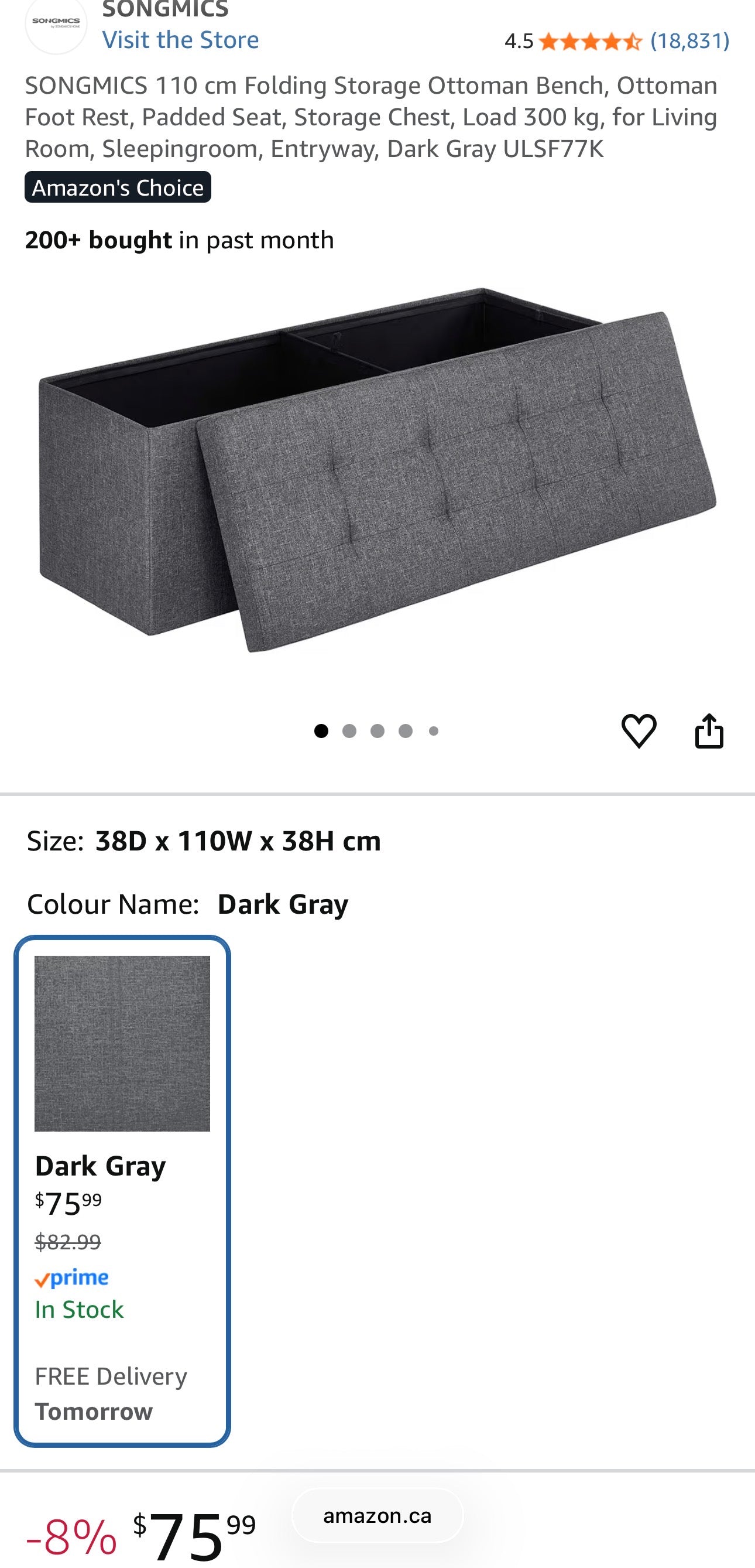 SONGMICS 110 cm Folding Storage Ottoman Bench