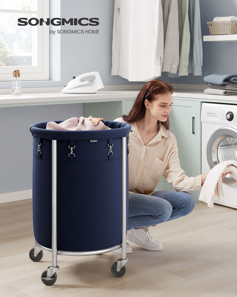 Rolling Laundry Hamper with Casters – Charcoal Blue & Metallic Silver