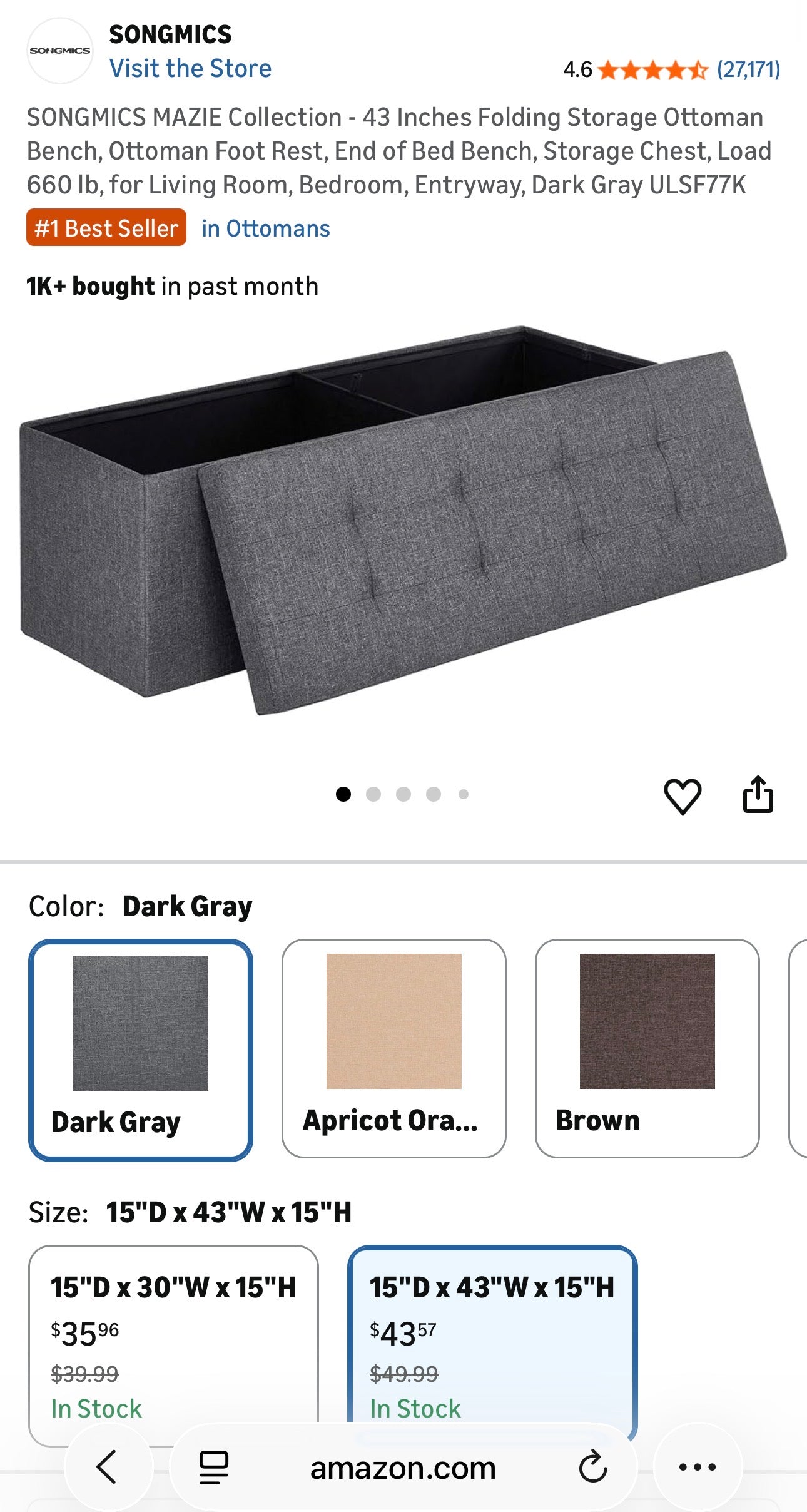 SONGMICS MAZIE Storage Ottoman Bench – Dark Gray