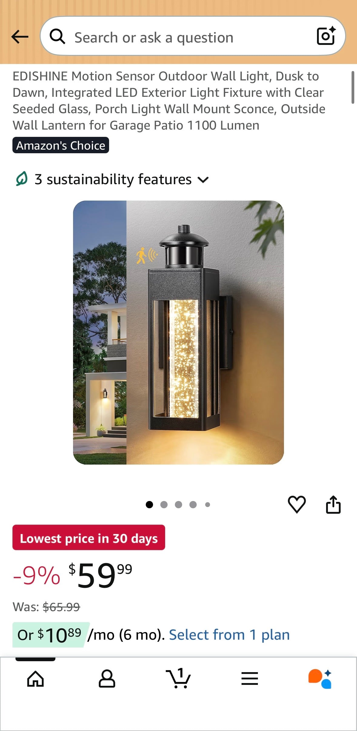 EDISHINE Motion Sensor LED Outdoor Wall Light – Black