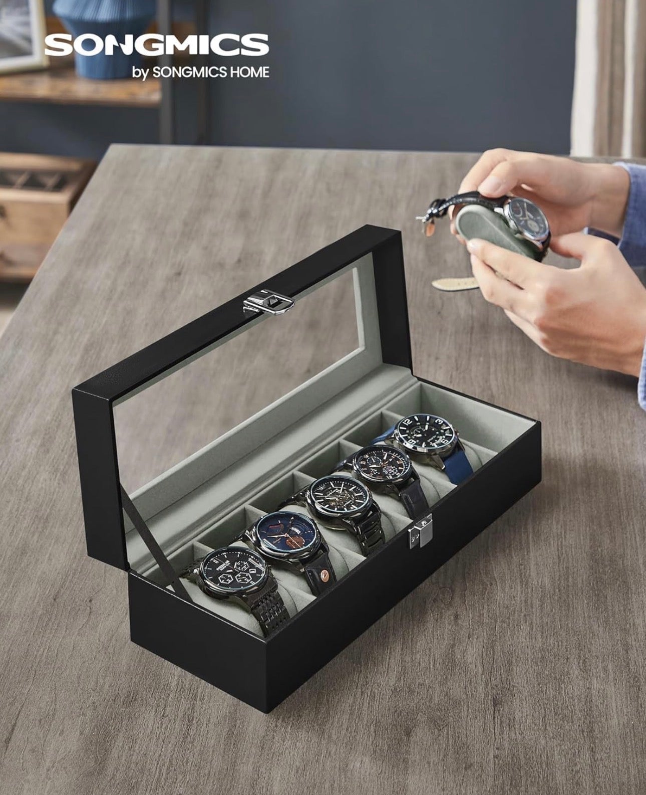 SONGMICS 6-Slot Watch Box with Glass Lid