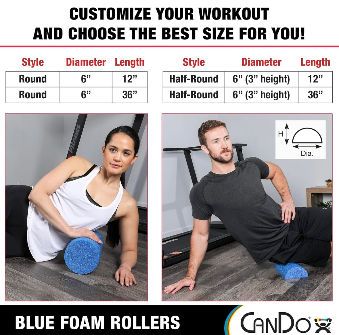 Cando 6” x 36” Foam Roller — Standard Density for Massage, Balance & Core Training