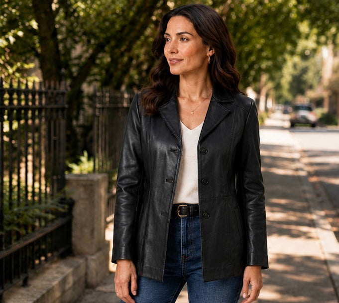 Women’s Tailored Black Leather Jacket – Medium