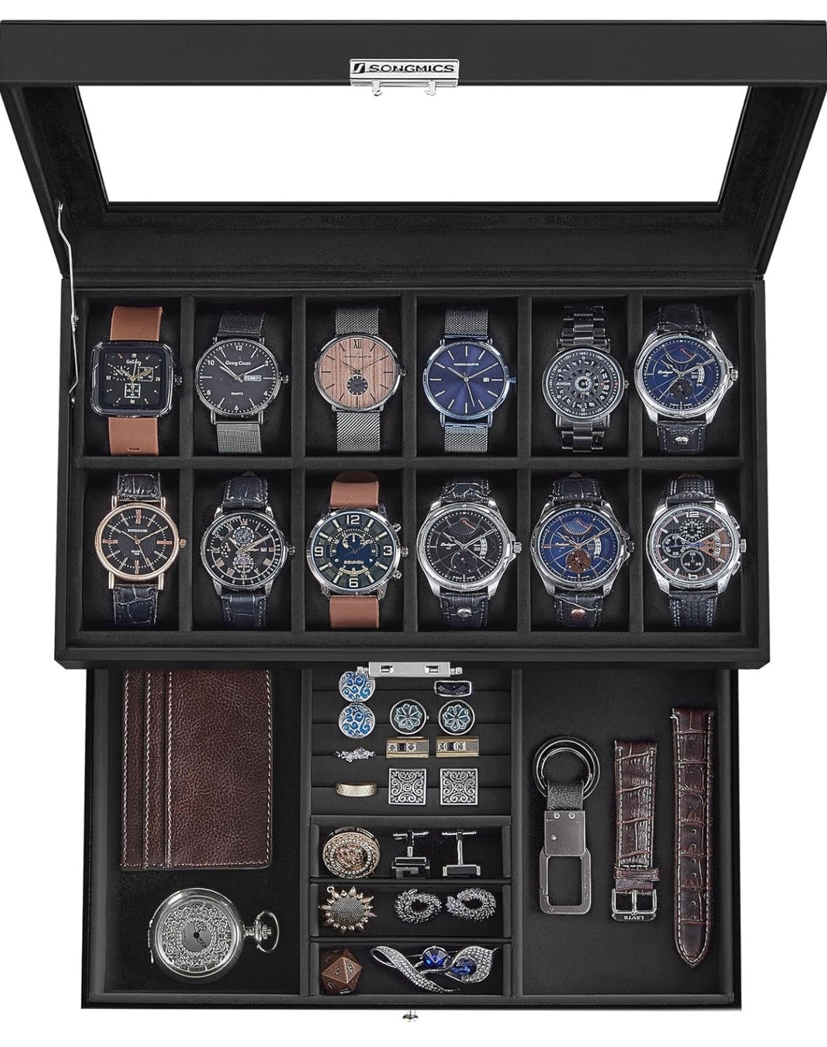 SONGMICS 12-Slot Watch Box Organizer with Glass Lid – Black