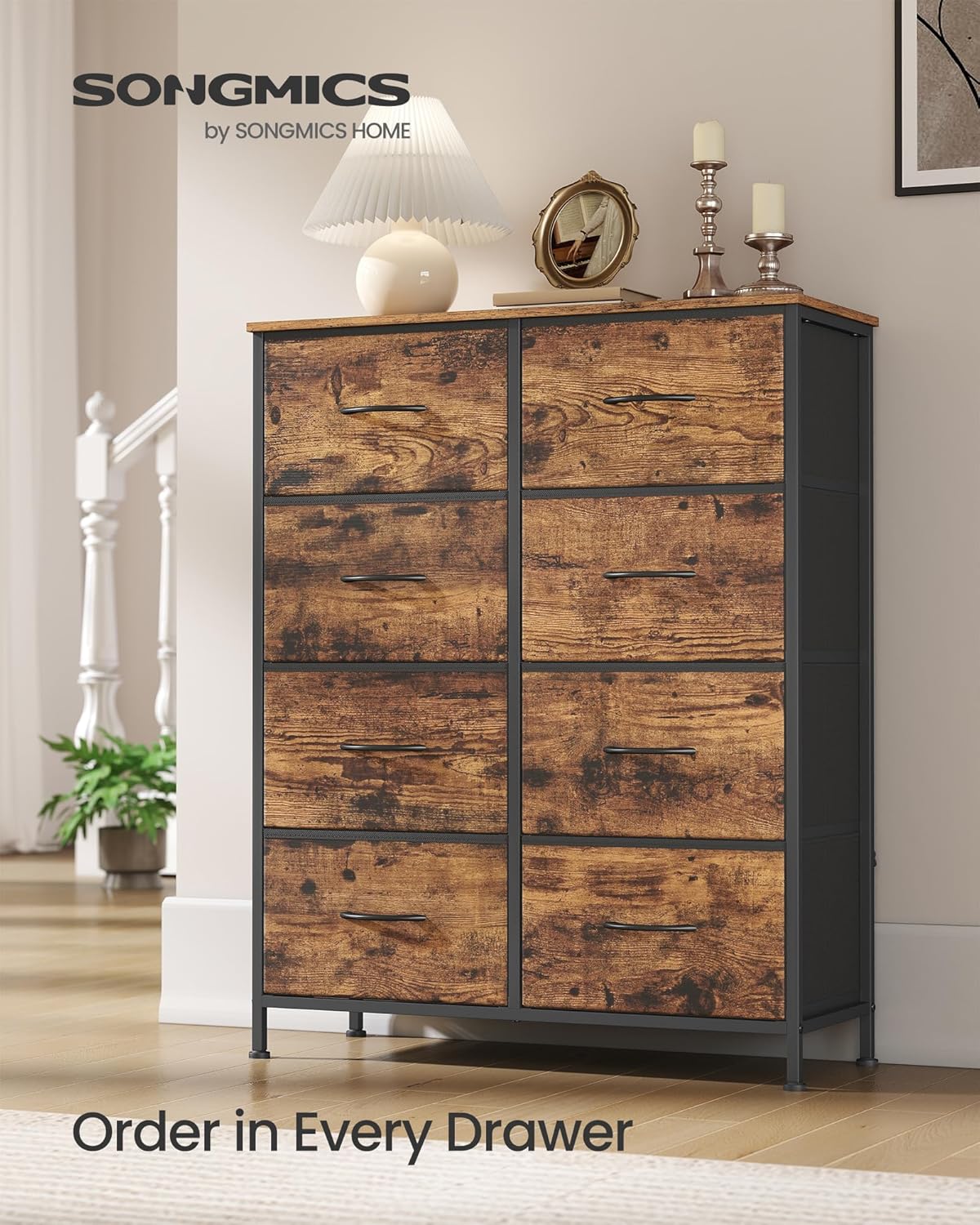 8-Drawer Fabric Dresser – Rustic Brown & Ink Black