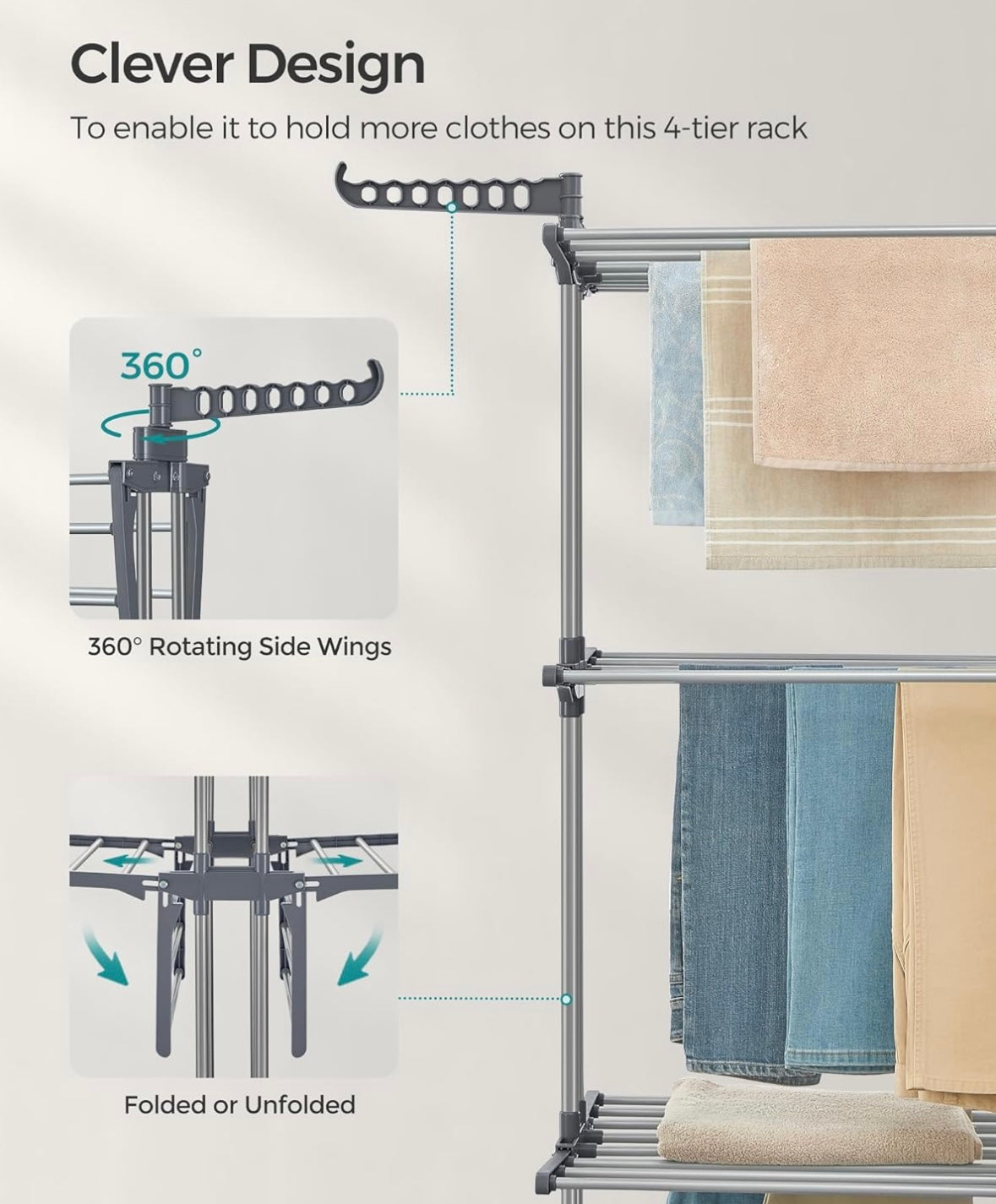 VASAGLE 4-Tier Foldable Clothes Drying Rack — Heavy-Duty Stainless Steel (Dove Grey)