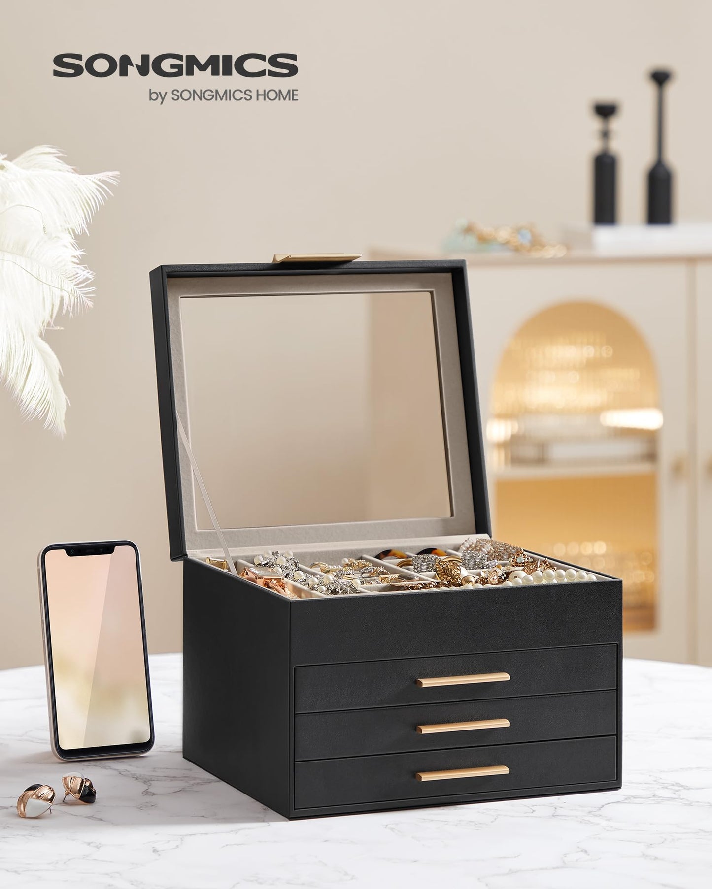 SONGMICS 4-Layer Jewelry Organizer Box – Graphite Black + Gold