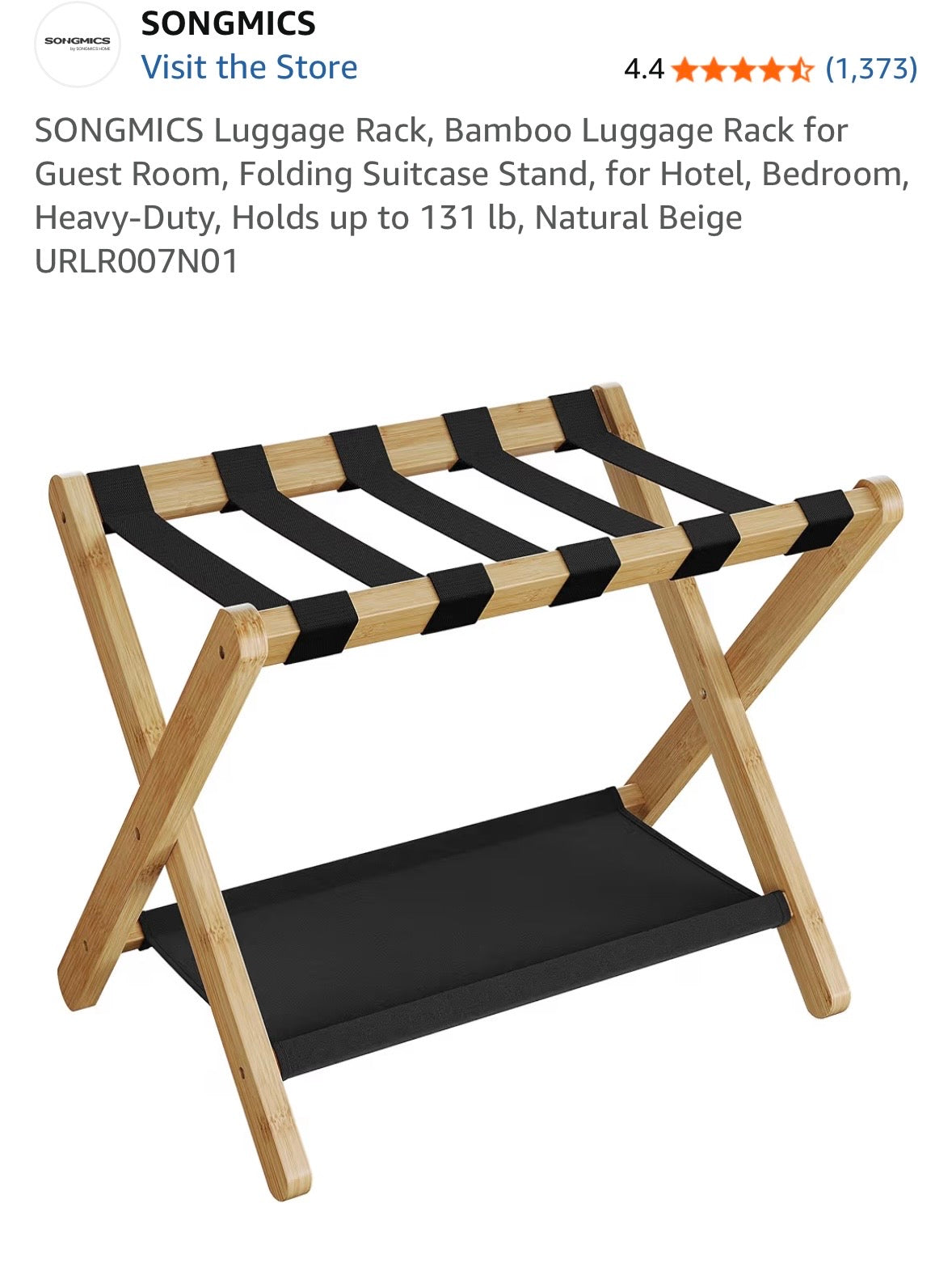 SONGMICS Bamboo Luggage Rack with Lower Storage Shelf - Natural Beige