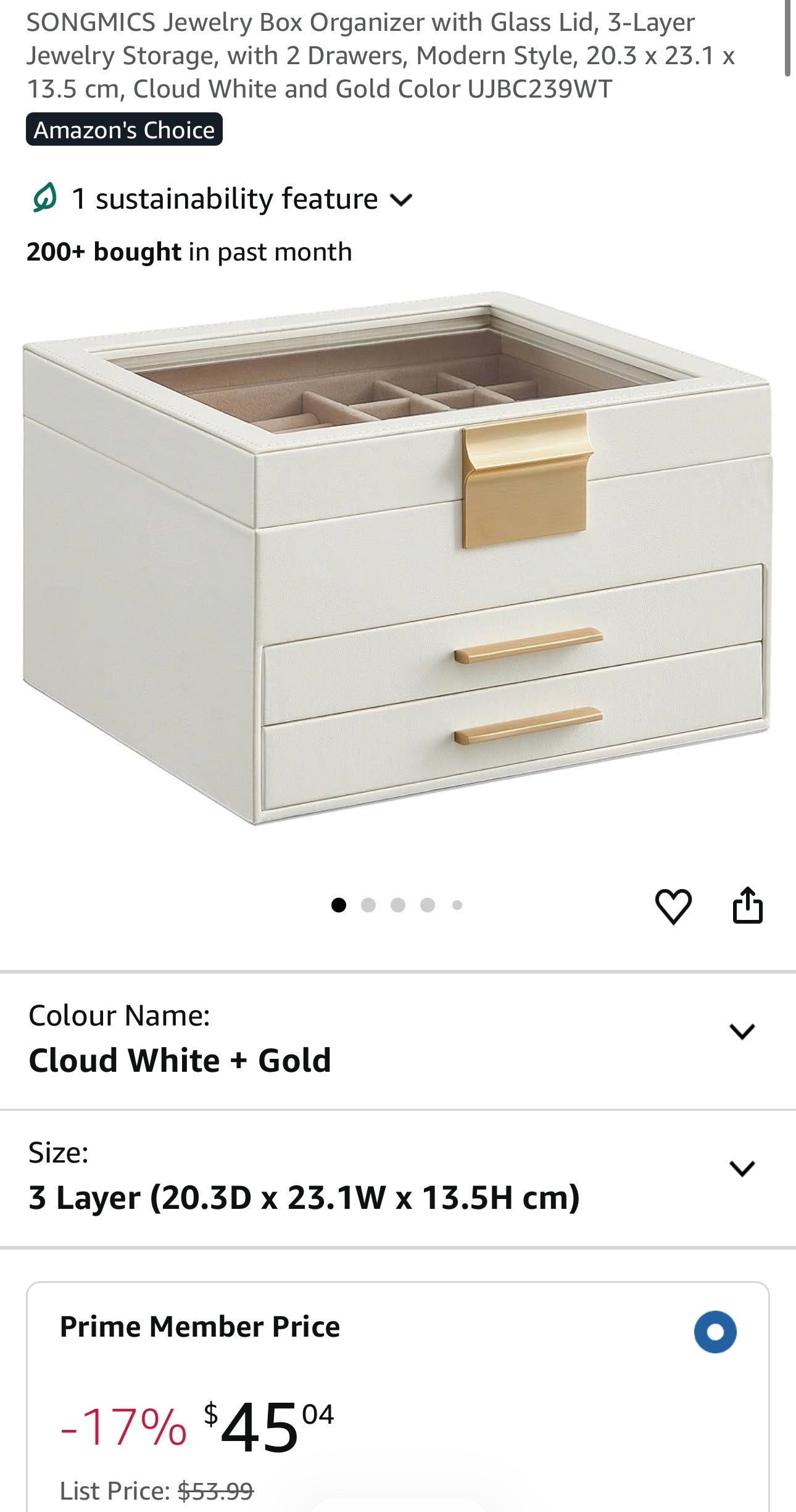 SONGMICS 3-Layer Jewelry Box with Glass Lid