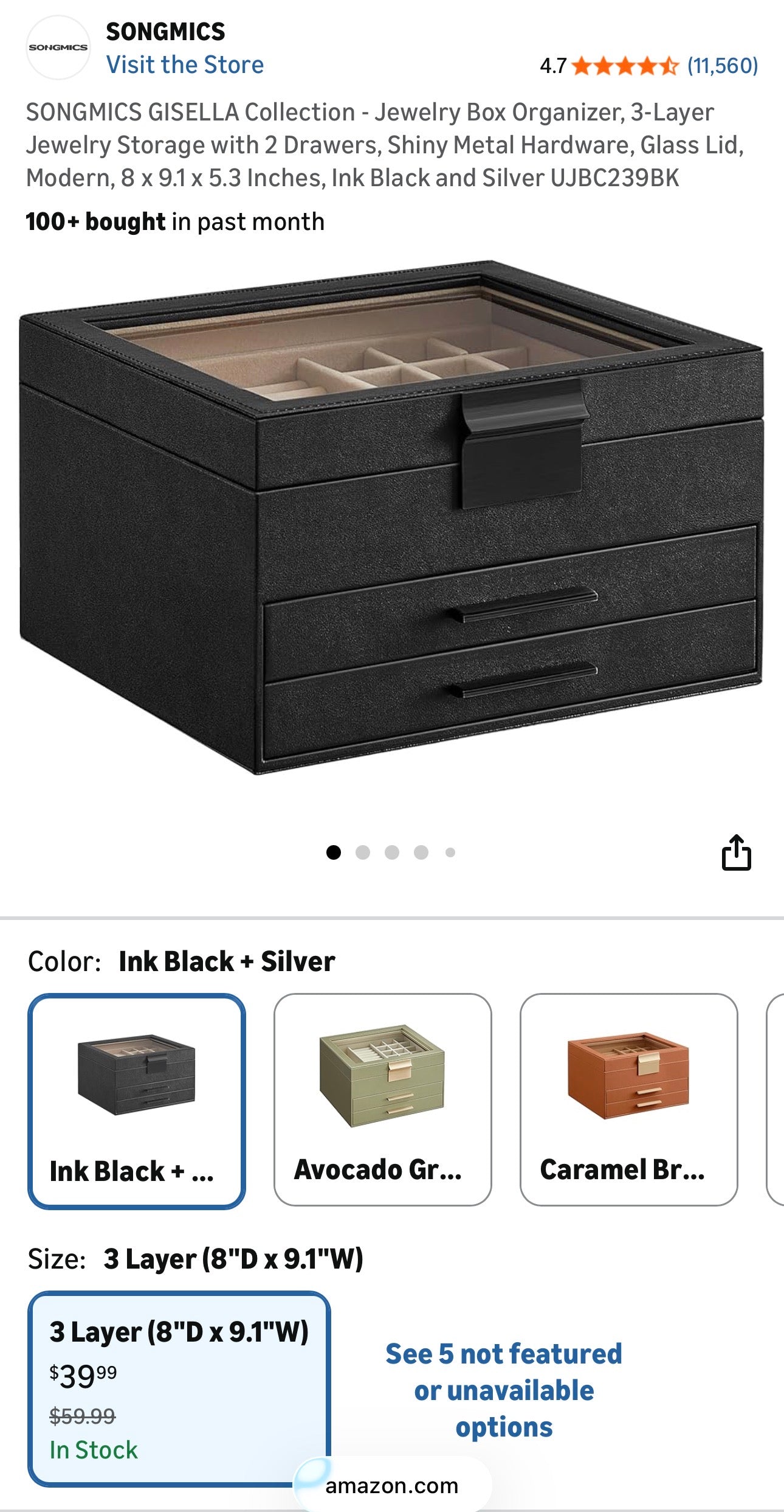 SONGMICS GISELLA 3-Layer Jewelry Box – Ink Black + Silver