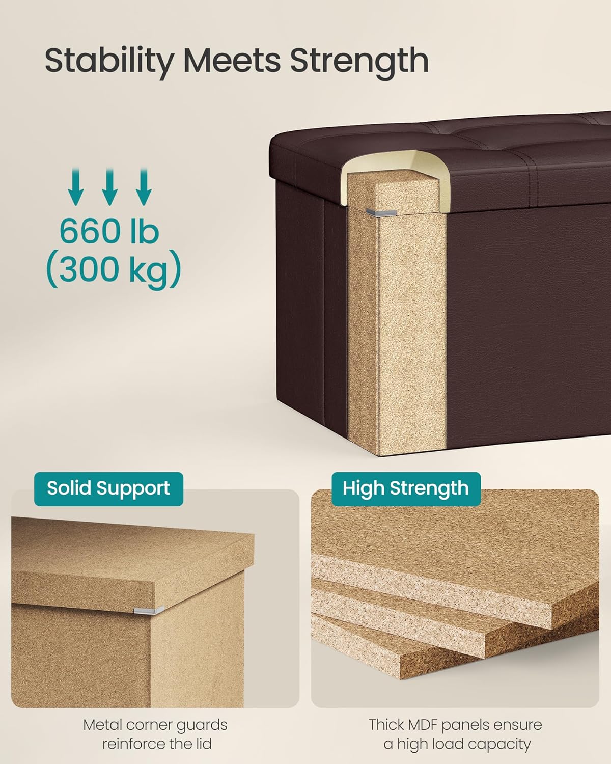 SONGMICS Folding Storage Ottoman Bench – Brown