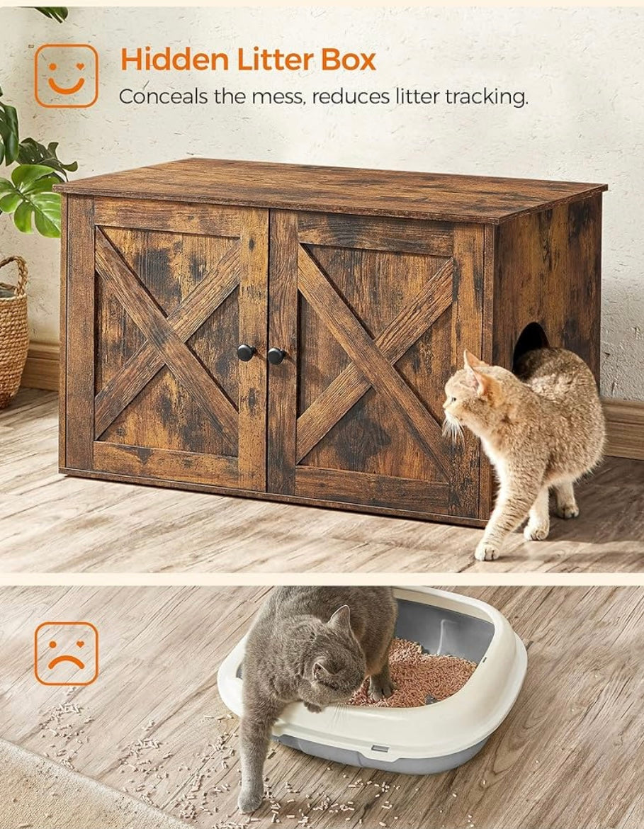 Rustic Cat Litter Box Enclosure with Barn Doors – Multi-Use Cat Furniture Cabinet (Brown Wood Finish)
