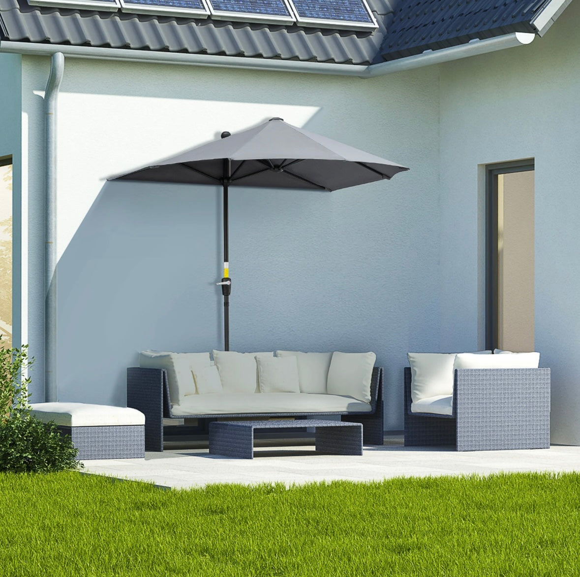 Outsunny Half Patio Umbrella — Wall-Mounted Design with Double-Sided Canopy & Crank Handle (Dark Grey)