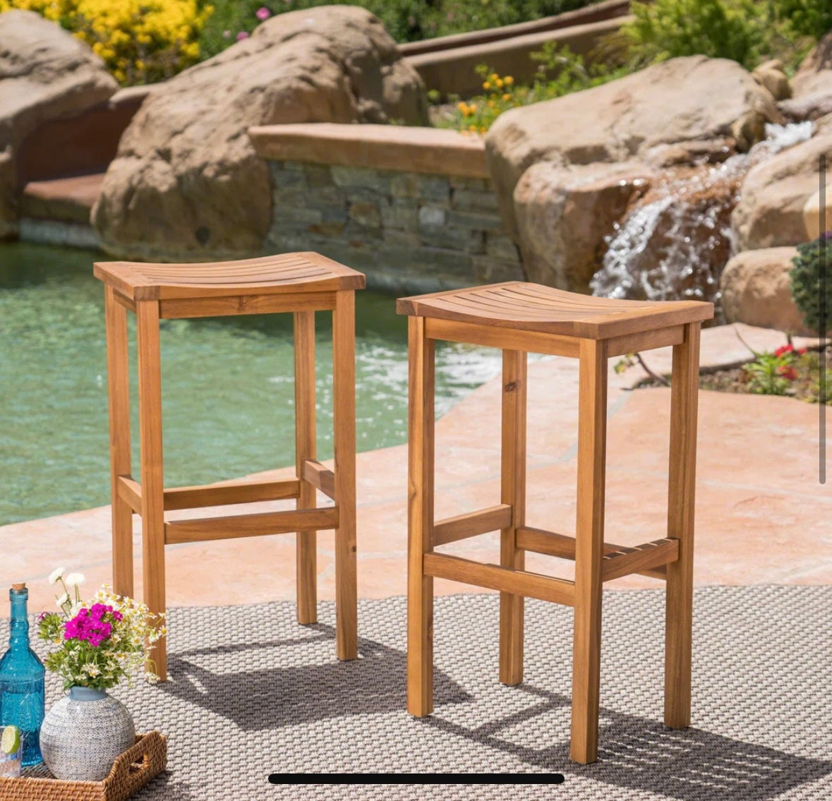NEW – Set of 2 Acacia Wood Saddle Barstools – 30” Backless Counter Seating