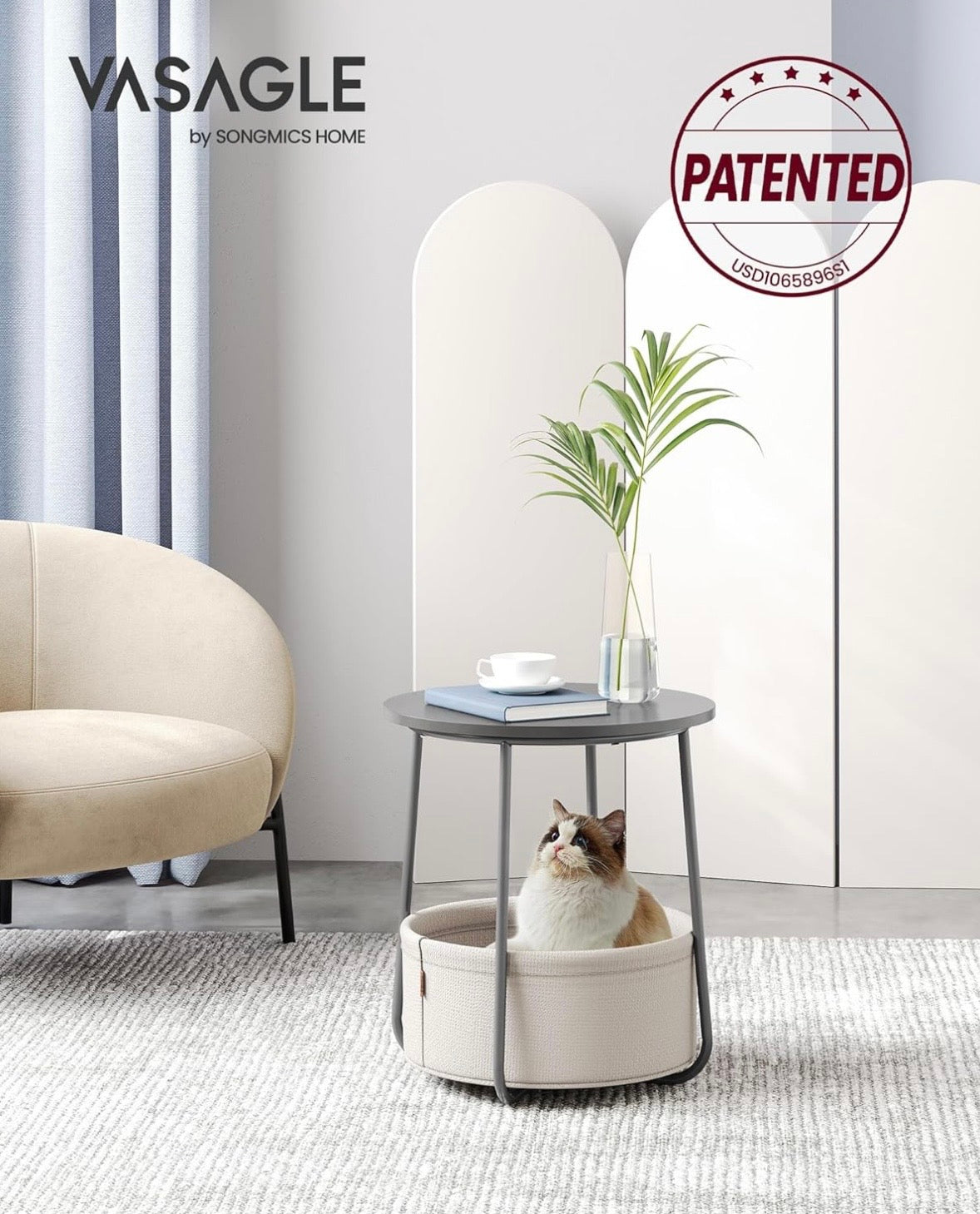 VASAGLE Round Side Table with Storage Basket
